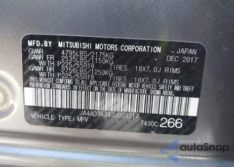 2018 Mitsubishi Outlander Se z USA, uszkodzony, nr VIN JA4AD3A34JJ003217